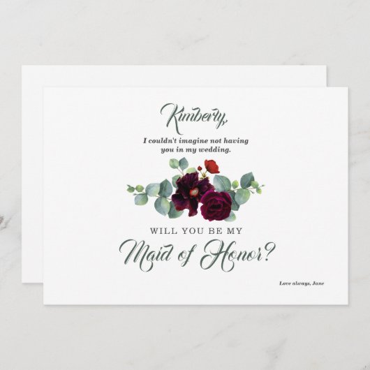Bourgogne Rode Bloemen Eucalyptus Bruidsmeisje Voo Kaart (Voorkant / Achterkant)