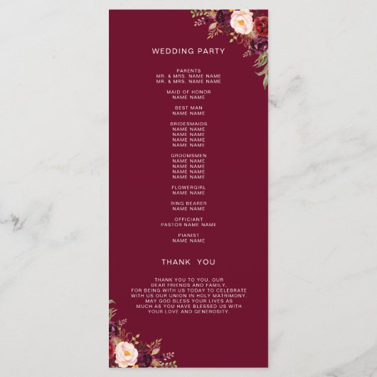 Bourgogne Rode Bloemen Hand Lettered Foto Bruiloft Programmakaart (Achterkant)