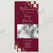 Bourgogne Rode Bloemen Hand Lettered Foto Bruiloft Programmakaart (Voorkant / Achterkant)