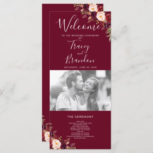 Bourgogne Rode Bloemen Hand Lettered Foto Bruiloft Programmakaart (Voorkant / Achterkant)
