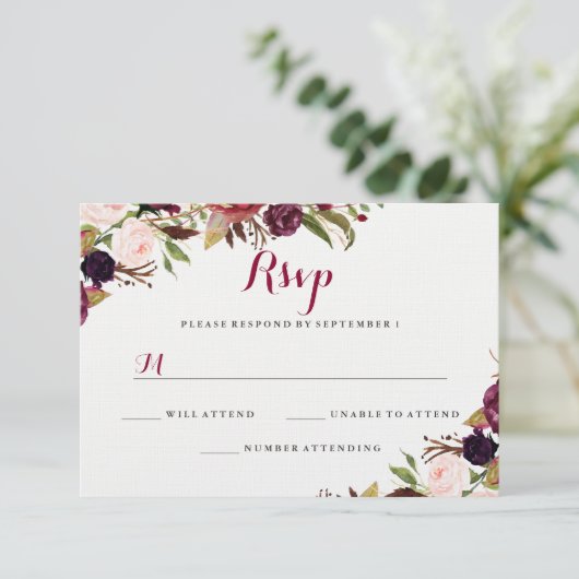 Bourgogne Rode Bloemen Herfst Bruiloft RSVP (Staand voorkant)