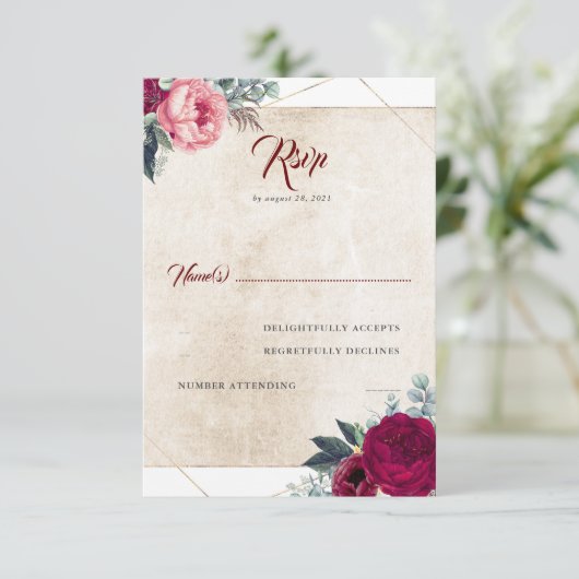 Bourgogne Rode Bloemen Herfst Bruiloft RSVP (Staand voorkant)