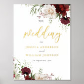 Bourgogne Rode Bloemen Huwelijk Groot Welkomstbord Folie Afdrukken (Voorkant)