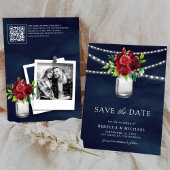 Bourgogne Rode Bloemen Marine QR Code Trouwfoto Save The Date