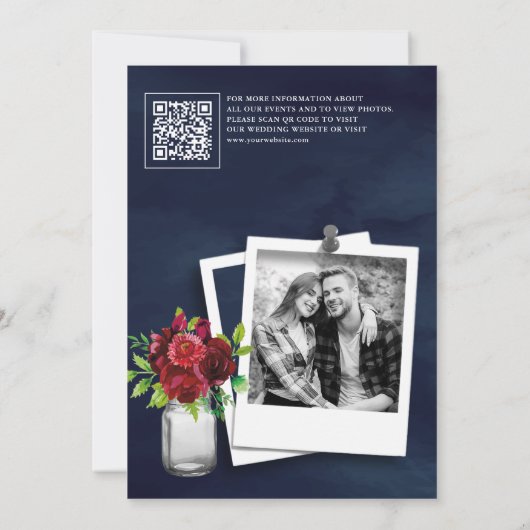 Bourgogne Rode Bloemen Marine QR Code Trouwfoto Save The Date (Achterkant)