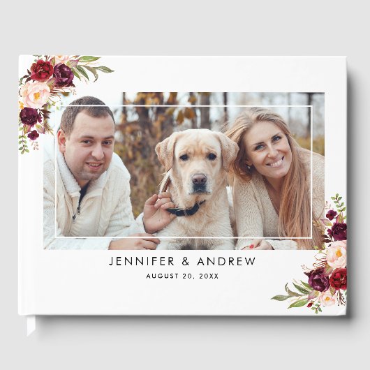 Bourgogne Rode Bloemen Namen Datum Fotobruiloft Gastenboek (Voorkant)