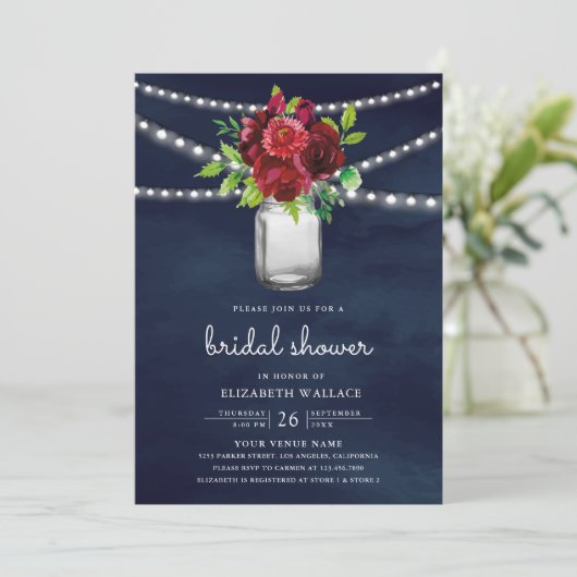 Bourgogne Rode Bloemen Navy QR Code Vrijgezellenfe Kaart (Staand voorkant)