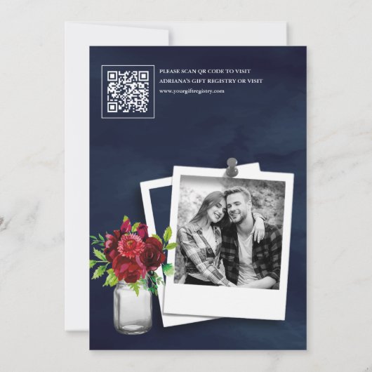 Bourgogne Rode Bloemen Navy QR Code Vrijgezellenfe Kaart (Achterkant)