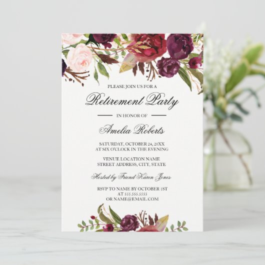 Bourgogne Rode Bloemen Pensioen Partij Kaart (Staand voorkant)