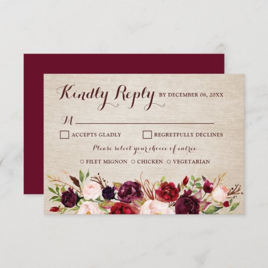 Bourgogne Rode Bloemen Rustiek Boho Huwelijk RSVP (Voorkant / Achterkant)