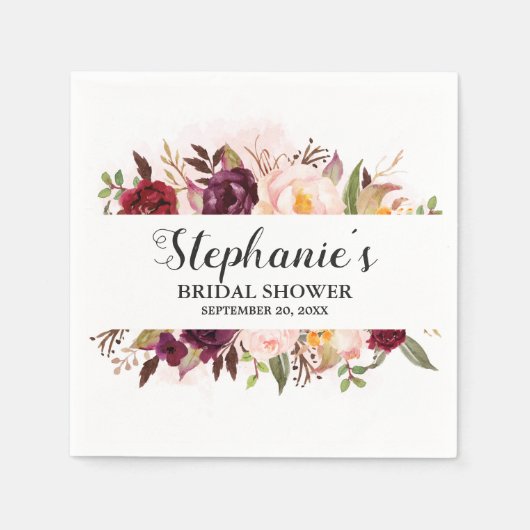 Bourgogne Rode Bloemen Rustiek Boho Vrijgezellenfe Servet (Voorkant)