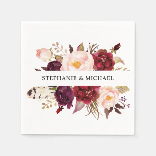 Bourgogne Rode Bloemen Rustieke Boho Papier Servet (Voorkant)