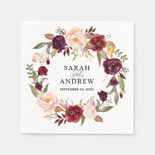 Bourgogne Rode Bloemen Rustieke Boho Papier Servet (Voorkant)