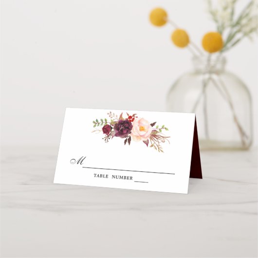 Bourgogne Rode Bloemen Rustieke Boho Place Card Plaatskaartje (Voorkant)