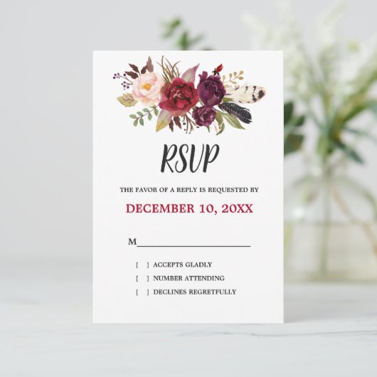 Bourgogne Rode Bloemen Rustieke Boho RSVP (Staand voorkant)