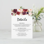 Bourgogne Rode Bloemen Rustieke Bruiloft Details Informatiekaartje (Staand voorkant)