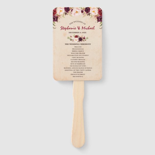 Bourgogne Rode Bloemen Rustieke Burlap Trouwprogra Handwaaier (Voorkant)