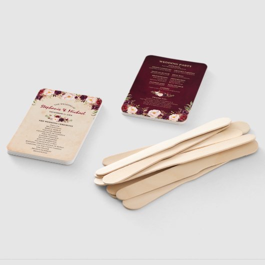 Bourgogne Rode Bloemen Rustieke Burlap Trouwprogra Handwaaier (Niet-gemonteerd)