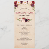 Bourgogne Rode Bloemen Rustieke Huwelijksprogramma Menu (Voorkant)