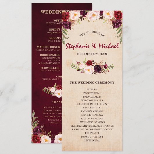 Bourgogne Rode Bloemen Rustieke Huwelijksprogramma Menu (Voorkant / Achterkant)