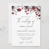 Bourgogne Rode Bloemen Rustieke Huwelijksuitnodigi Kaart (Voorkant)