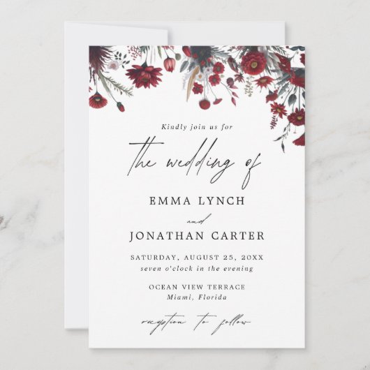 Bourgogne Rode Bloemen Rustieke Huwelijksuitnodigi Kaart (Voorkant)