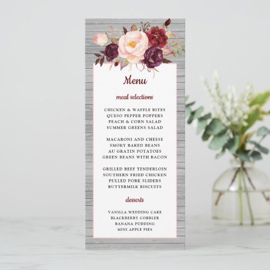 Bourgogne Rode Bloemen Rustieke Roze Grens Bruilof Menu (Staand voorkant)
