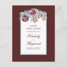 Bourgogne Rode Bloemen  Save the Date Aankondigingskaart