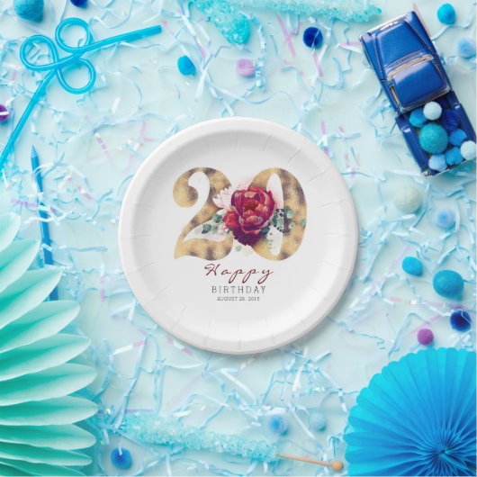 Bourgogne Rode Bloemen Typografie 20e Verjaardag Papieren Bordje (Feest)