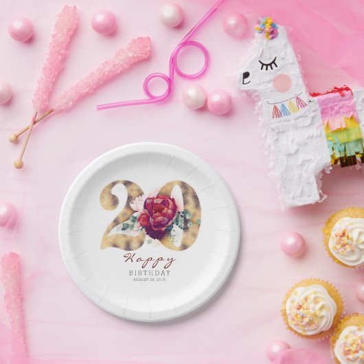 Bourgogne Rode Bloemen Typografie 20e Verjaardag Papieren Bordje (Feest)