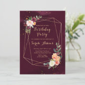 Bourgogne Rode Bloemen Waterverf 50ste Verjaardag Kaart (Staand voorkant)