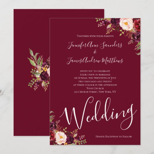 Bourgogne Rode Bloemen Waterverf Rustieke Bruiloft Kaart (Voorkant / Achterkant)