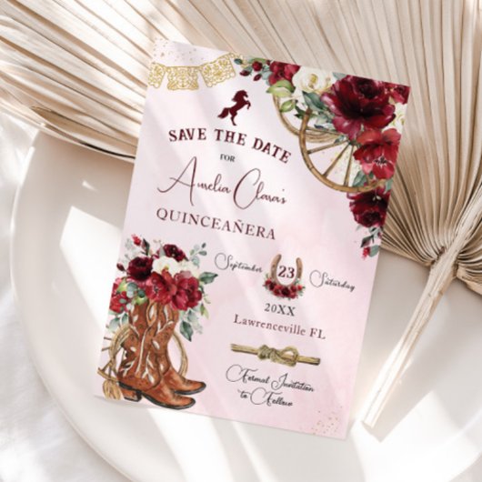 Bourgogne Rode Bloemen Wild West Charro Quinceañer Save The Date