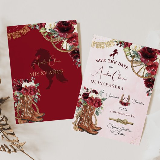 Bourgogne Rode Bloemen Wild West Charro Quinceañer Save The Date