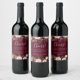 Bourgogne Rode Blush Bloemen Lijst Bruiloft Wijn Etiket
