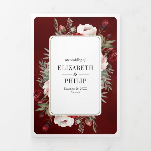 Bourgogne Rode Blush Roze Bloemen Alles in Een Huw Drieluik Uitnodiging (Cover)