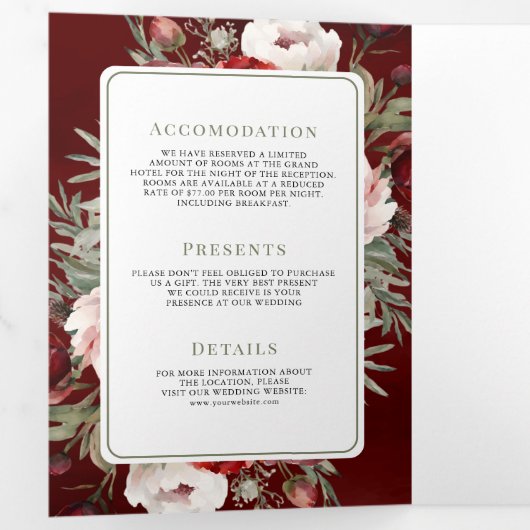 Bourgogne Rode Blush Roze Bloemen Alles in Een Huw Drieluik Uitnodiging (Binnenzijde eerst)