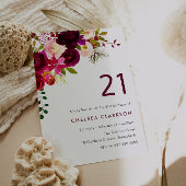 Bourgogne Rode Boho Bloemen 21ste Verjaardagsfeest Kaart