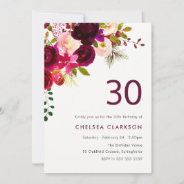 Bourgogne Rode Boho Bloemen 30ste Verjaardagsfeest Kaart