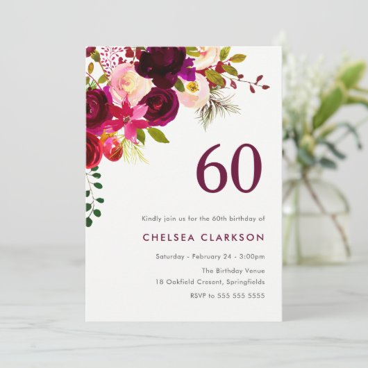 Bourgogne Rode Boho Bloemen 60ste Verjaardagsfeest Kaart (Staand voorkant)
