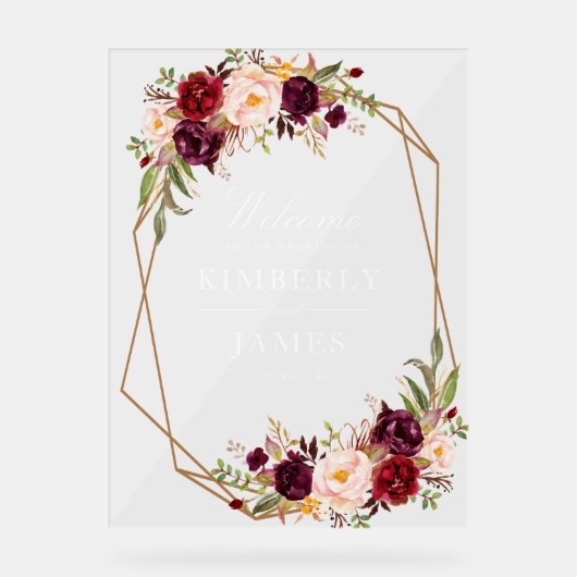 Bourgogne rode en blozen bloemenbruiloft acryl bord (Voorkant)