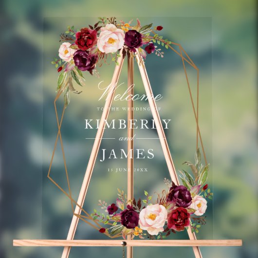 Bourgogne rode en blozen bloemenbruiloft acryl bord (Neutraal)