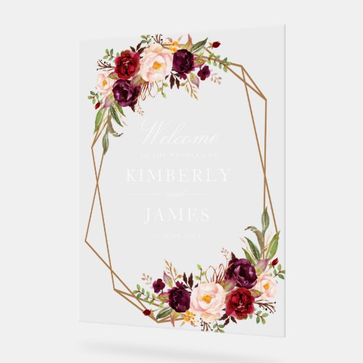 Bourgogne rode en blozen bloemenbruiloft acryl bord (Hoek)