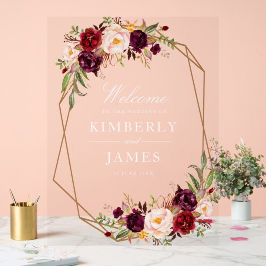 Bourgogne rode en blozen bloemenbruiloft acryl bord (Huwelijk)