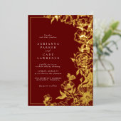 Bourgogne Rode en Gouden Bloemen | Elegante bruilo Folie Uitnodiging (Staand Voorkant)