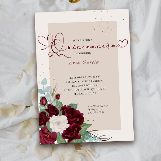 Bourgogne Rode en Ivoor Rozen Elegant Quinceanera Kaart