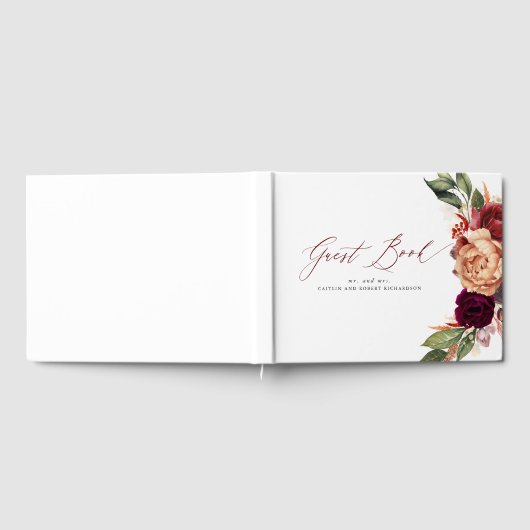 Bourgogne Rode en Oranje Bloemen Herfst Bruiloft Gastenboek (Volledig)