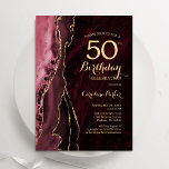 Bourgogne Rode Gouden Agaat 50e Verjaardag Kaart<br><div class="desc">Bourgogne en gouden agaat 50ste verjaardag feestuitnodiging. Elegant modern ontwerp met marsalawijn donkerrode waterverf agaat marmeren geode achtergrond,  faux glitter goud en typografie script lettertype. Trendy uitnodigingskaart perfect voor een stijlvol vrouwenfeest. Gedrukte Zazzle-uitnodigingen of direct download digitale afdrukbare sjabloon.</div>