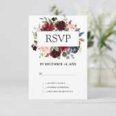 Bourgogne Rode Marine Bloemen Boho Bruiloft RSVP Kaartje (Staand voorkant)