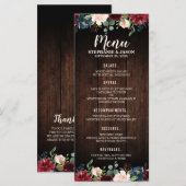 Bourgogne Rode Marine Bloemen Houten Bruiloft Menu (Voorkant / Achterkant)